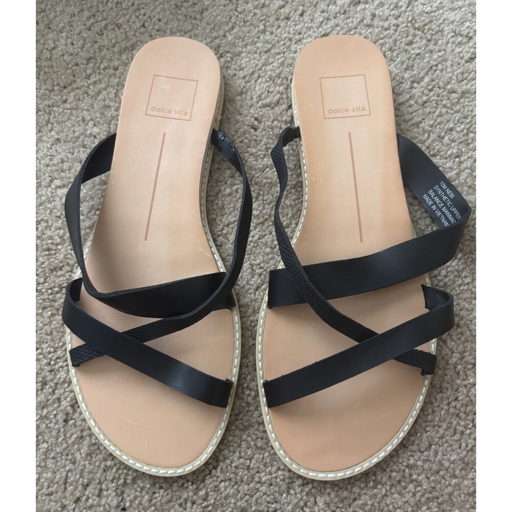 New! Dolce Vita Black Leather Strappy Slide Flats Sandals 10 Summer
